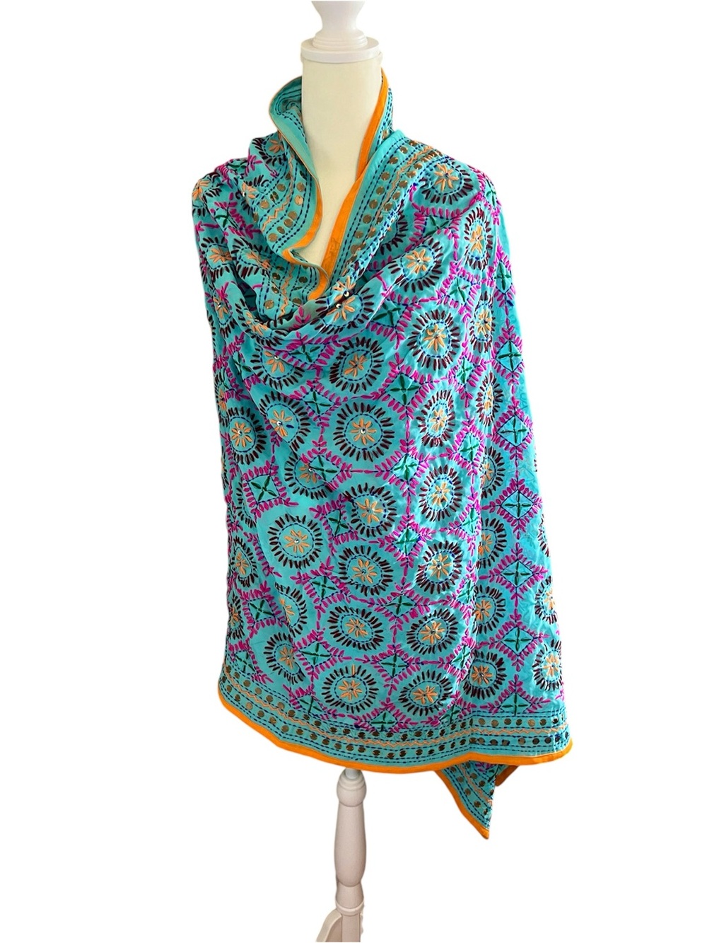 Turquoise Floral Hand-Woven Georgette Phulkari Dupatta with Orange Trim